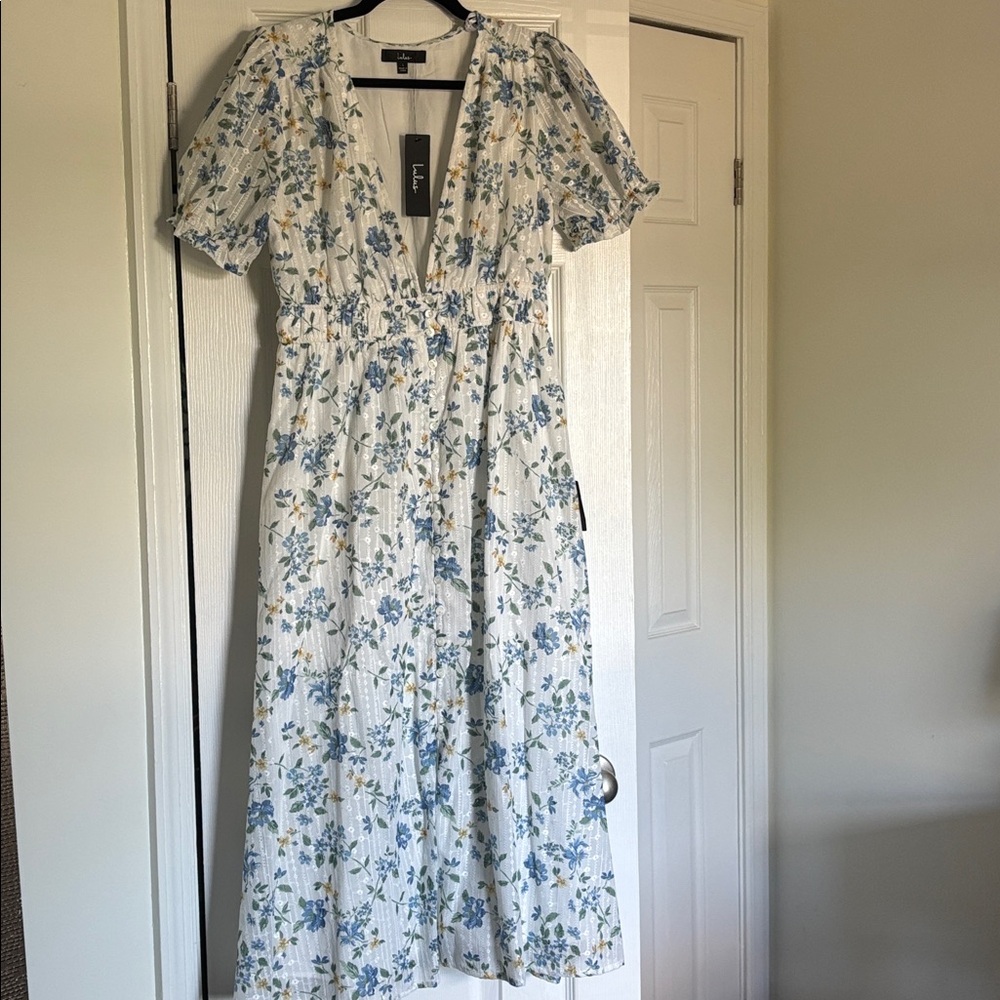 Floral Midi Dress with Blue and Yellow Pattern